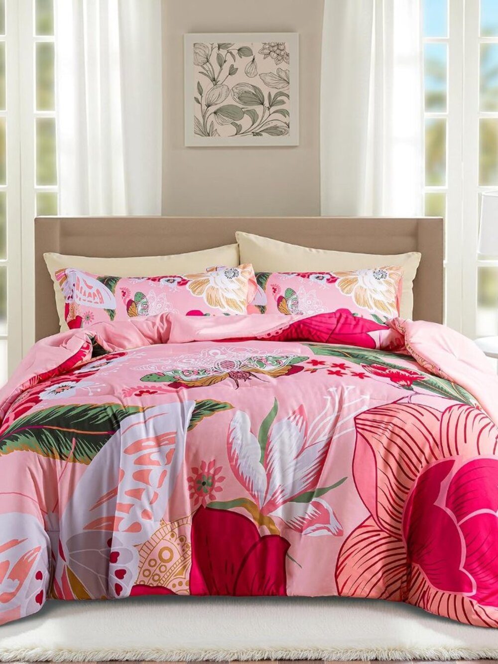 Pink Boho Floral King Comforter Set - 3 Piece Coquette Cute Botanical Bedding Co